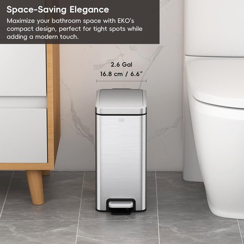 EKO Small Bathroom Trash Can - 10 Liter Stainless Steel with Soft Close Lid & Step Pedal | Anti-Fingerprint Finish