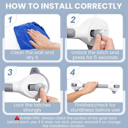 Reyiu Grab Bars for Shower, 16.5 Inch Shower Handle with Safety Indicators, Suction Cup Bathroom Grab Bar for Elderly, Seniors, Handicap - No Drill, Waterproof, Removable (2 Pack)