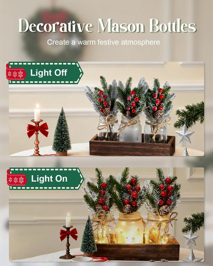 Skiennix Christmas Mason Jars Set - Decorative Tiered Tray with Wood Tray & Artificial Flowers for Holiday Home Decor