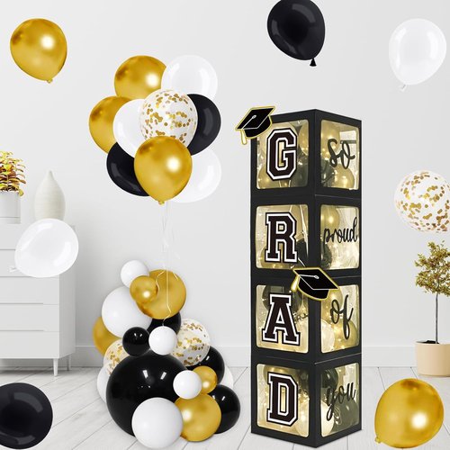 DAZONGE Graduation Decorations 2026 - Black and Gold Set with 4 Grad Boxes, 139pcs Balloon Arch & 4 Light Strings
