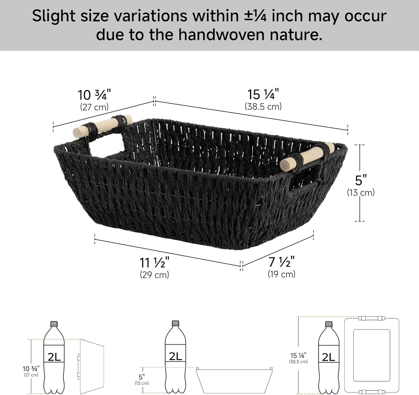 StorageWorks Large Wicker Storage Baskets - Stylish Organizing Solution with Wooden Handles | Black, 2-Pack