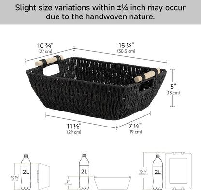 StorageWorks Large Wicker Storage Baskets - Stylish Organizing Solution with Wooden Handles | Black, 2-Pack
