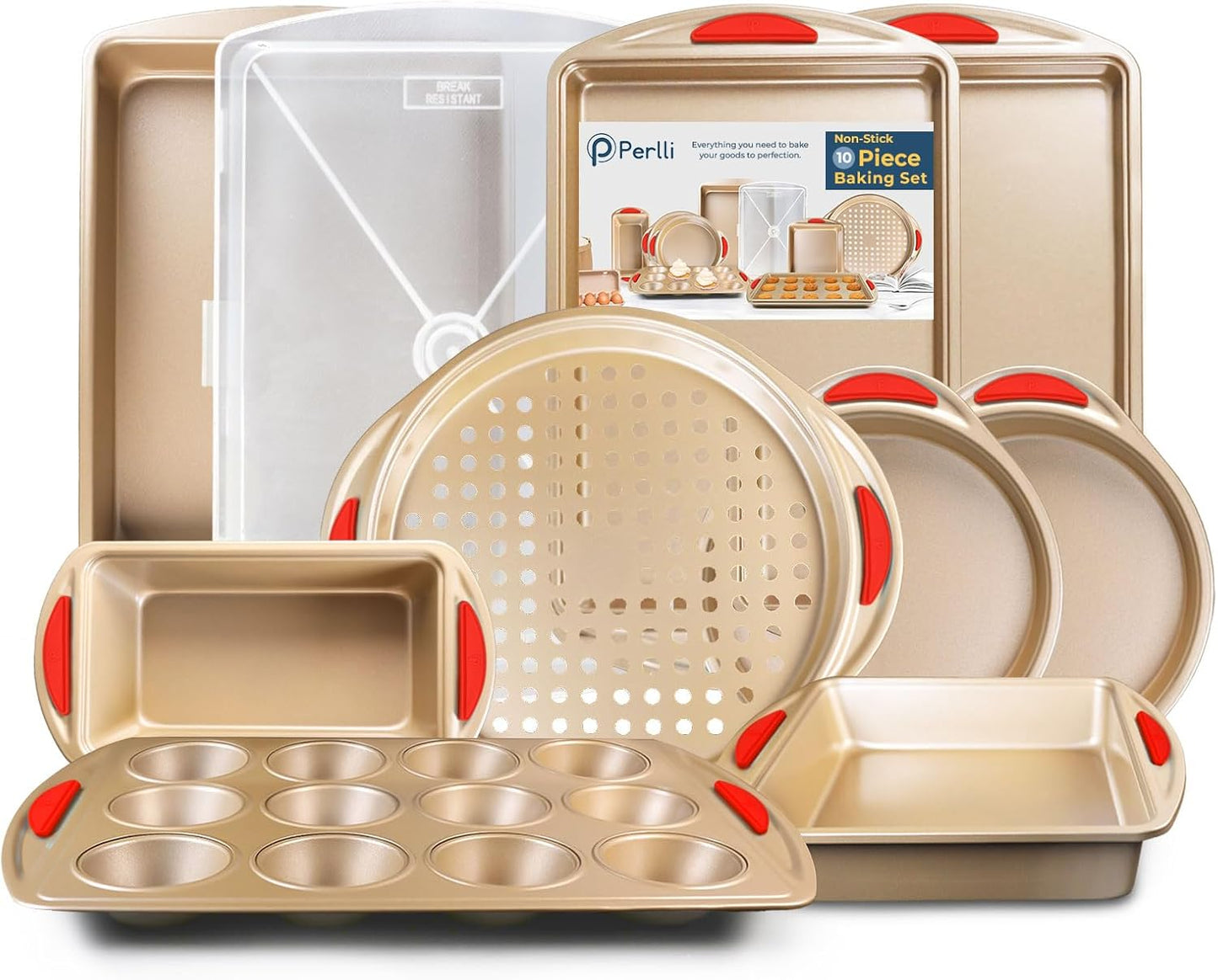 Perlli 10-Piece Nonstick Baking Set - Gold Steel Bakeware with Silicone Handles & Versatile Pans