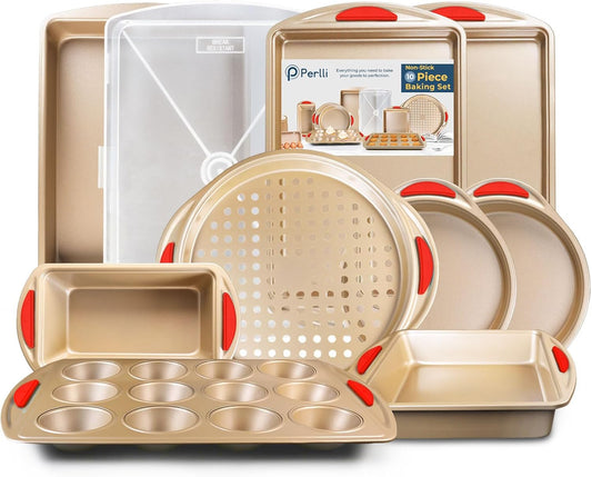 Perlli 10-Piece Nonstick Baking Set - Gold Steel Bakeware with Silicone Handles & Versatile Pans