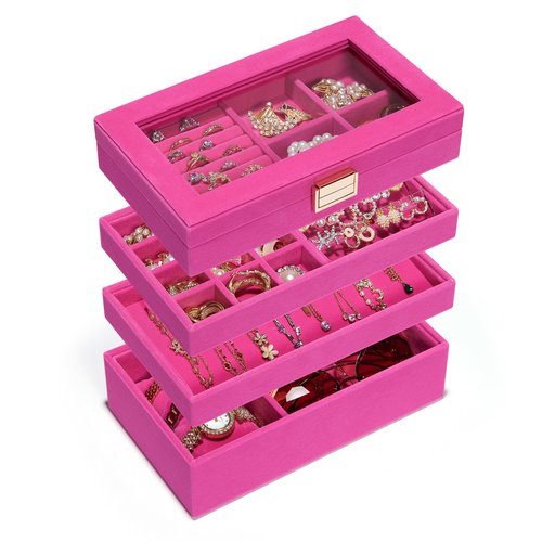 Homde Jewelry Tray Stackable Jewelry Box Drawer Organizer with Glass Lid, Removable Dividers for Vanity Table Gift Idea for Girls and Women (Pink)