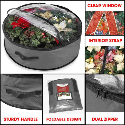 Primode Christmas Wreath Storage Bag 30" - Durable 600D Oxford Container with Clear Top Window | Gray