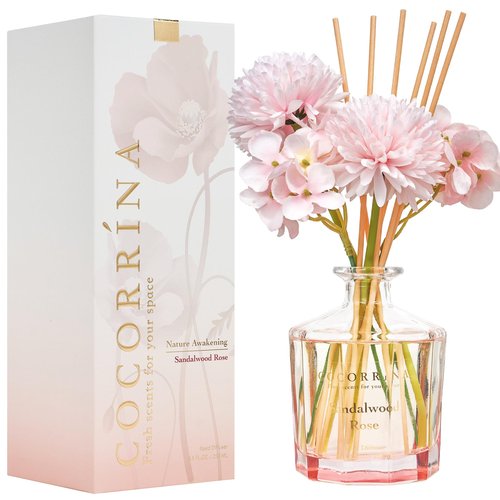 COCORRÍNA Reed Diffuser - Sandalwood Rose 8.5 Fl.oz Flower Reed Diffuser Set with 8 Sticks, Home Fragrance Reed Diffuser for Home Bedroom Office Bathroom Shelf Decor (Master Collection)
