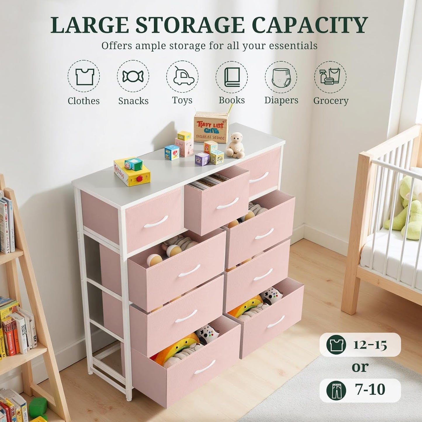 Regine Switzerland 9-Drawer Dresser - Anti-Tip Tall Storage Organizer with Wooden Top & Metal Frame | Pink