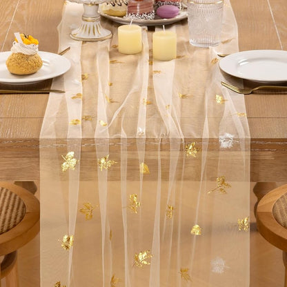 Beige Gold Glitter Gauze Table Runner 10 ft 29x120 Inch - Sparkling Cheesecloth for Weddings & Parties (Variation: Beige Gold Maple+1)