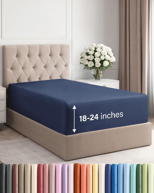Extra Deep Twin XL Fitted Sheet - Hotel Luxury Single Fitted Sheet Only - Easily Fits 18 inch to 24 inch Mattress - Ultra Soft, Wrinkle Free with Extra Deep Pockets - Breathable & Comfy - Navy Blue