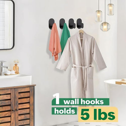 Aikzik Towel Hooks - 12 Pcs Black Adhesive Wall Hooks with 16 Removable Strips for Bathroom & Kitchen