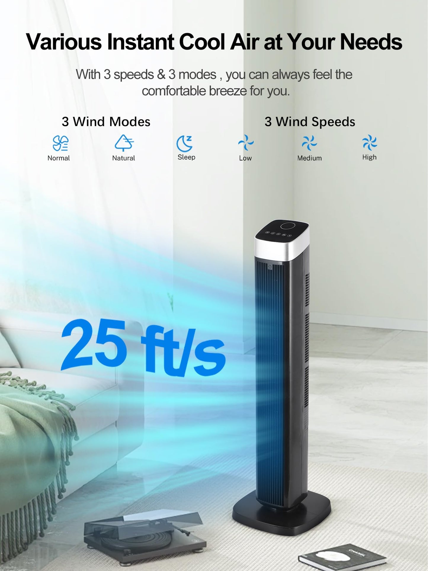 Uthfy Tower Fan for Bedroom, 41" Quiet Bladeless Floor Fan,90° Oscillating Standing Fan with 24H Timer, Remote Control, 3 Speeds, 3 Modes, Fans that Blow Cold Air for Room, Home, Office