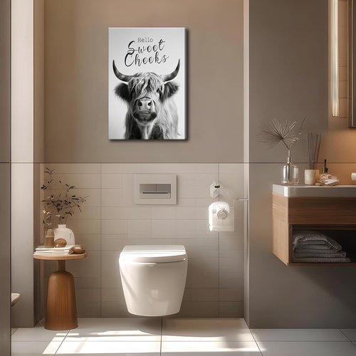 Highland Cow Wall Art - Funny Black and White Canvas Print | 16x24in Framed Bathroom Decor