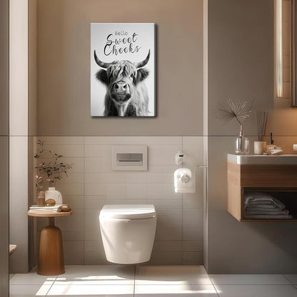 Highland Cow Wall Art - Funny Black and White Canvas Print | 16x24in Framed Bathroom Decor