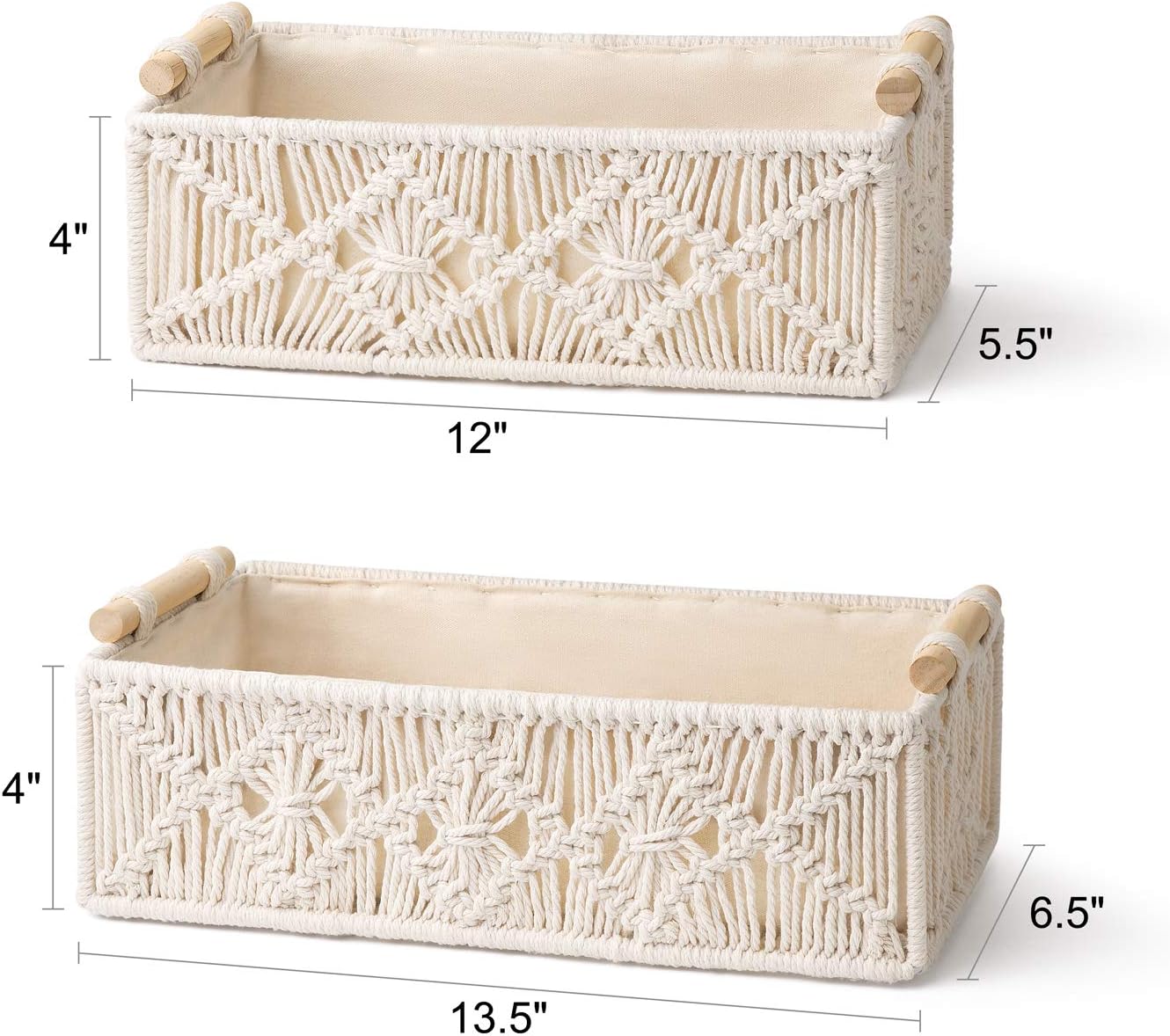Mkono Macrame Storage Baskets - Handmade Woven Organizer for Home Décor | Set of 2, Ivory