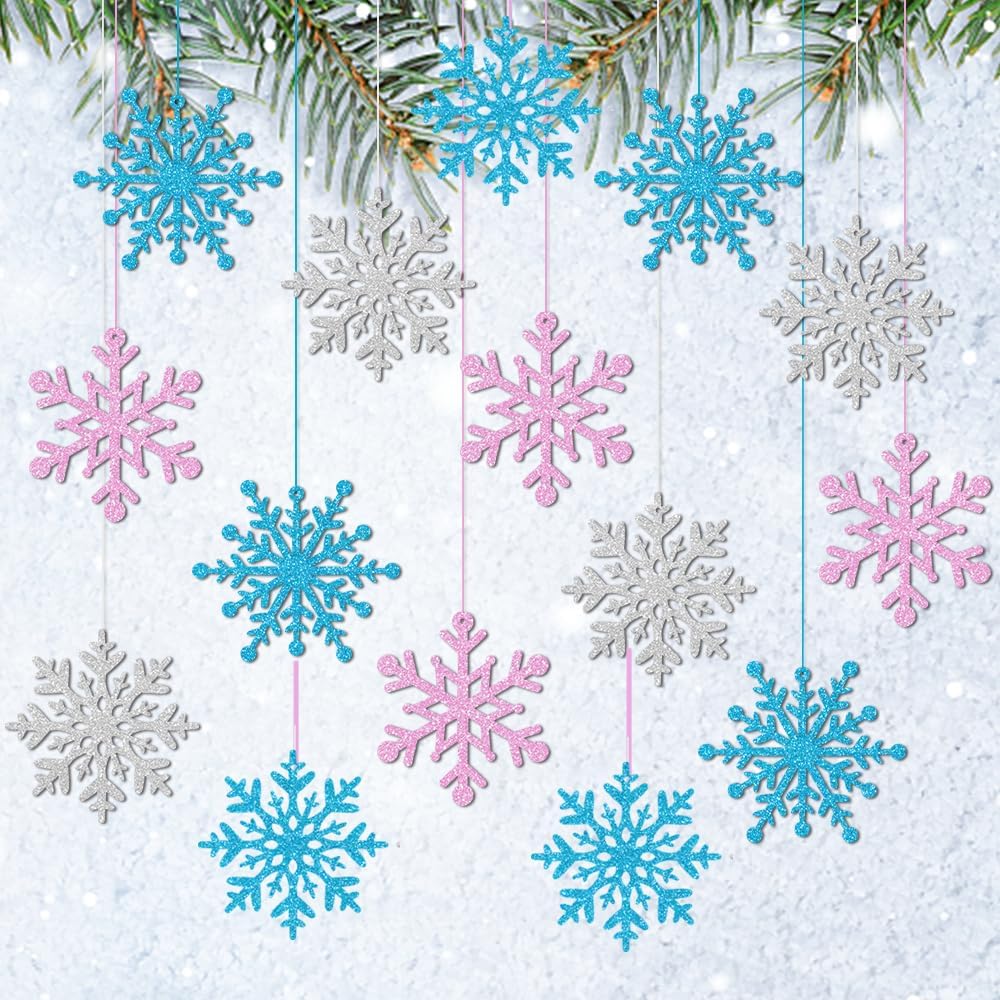 Skiennix Winter Snowflake Ornaments - Sparkly Ceiling Streamers for Holiday Decor | Glitter Pink & Blue