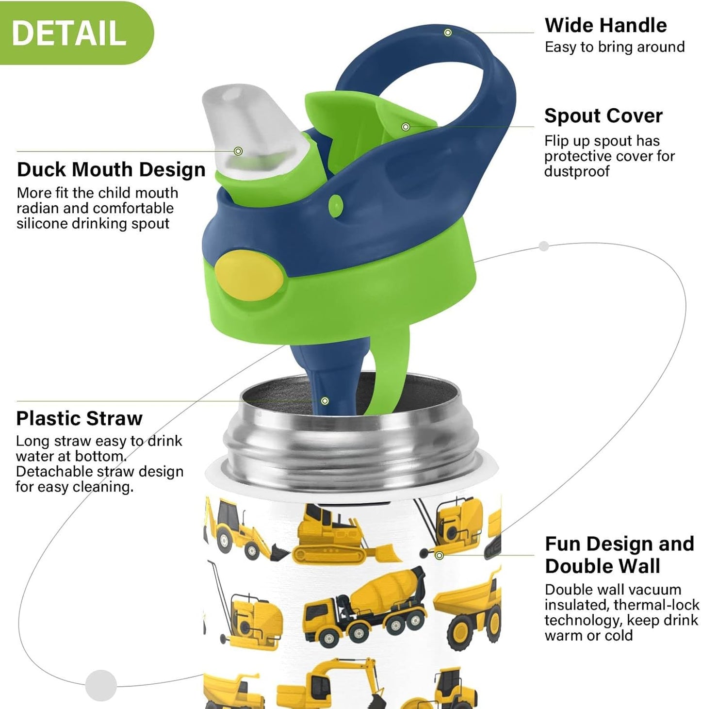 Skiennix Stainless Steel Water Bottle | 12 Oz Vacuum Insulated for Kids - Construction Truck Design