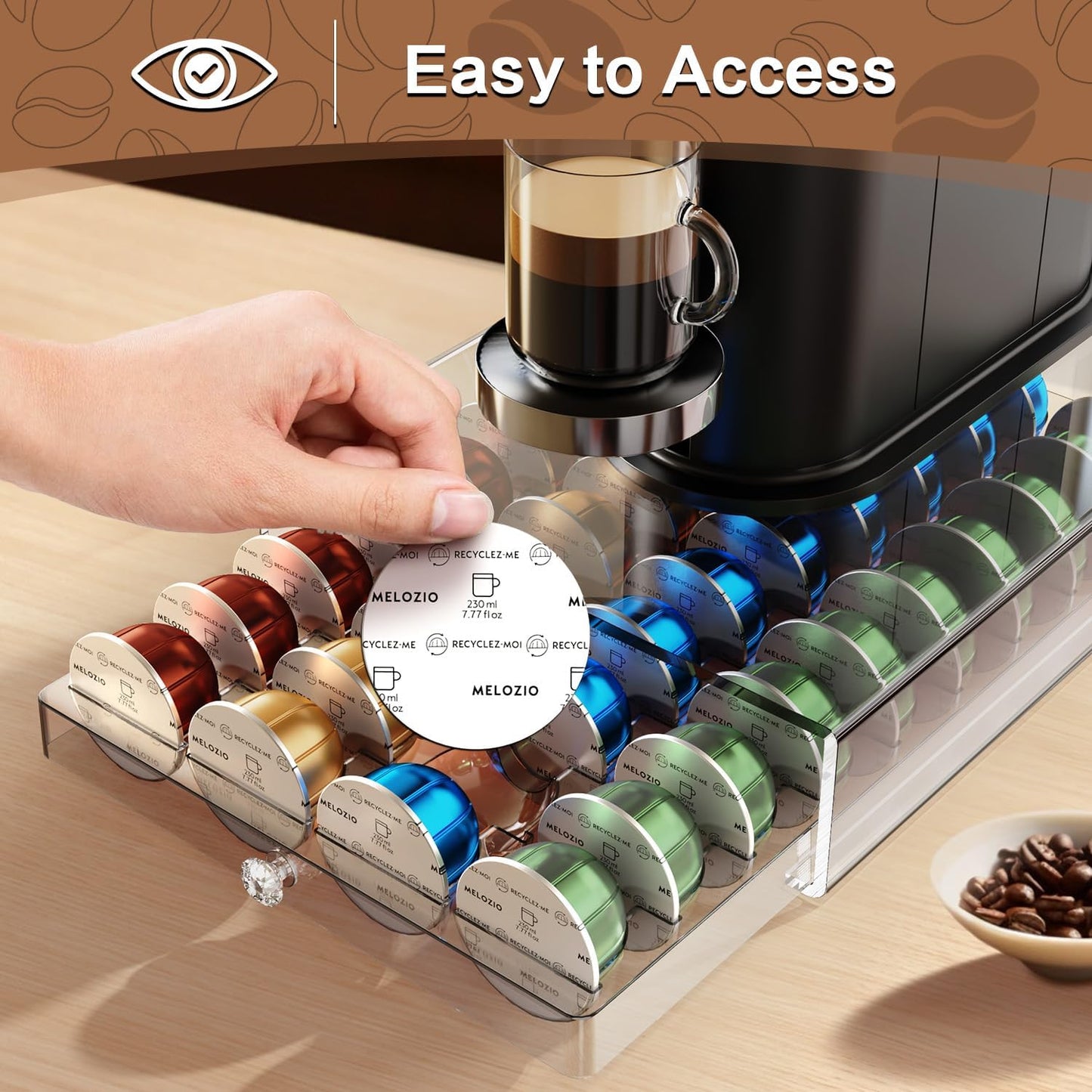 Skiennix Coffee Pods Holder - Acrylic Drawer for Nespresso & Dolce Gusto | 40 Pods Storage Solution