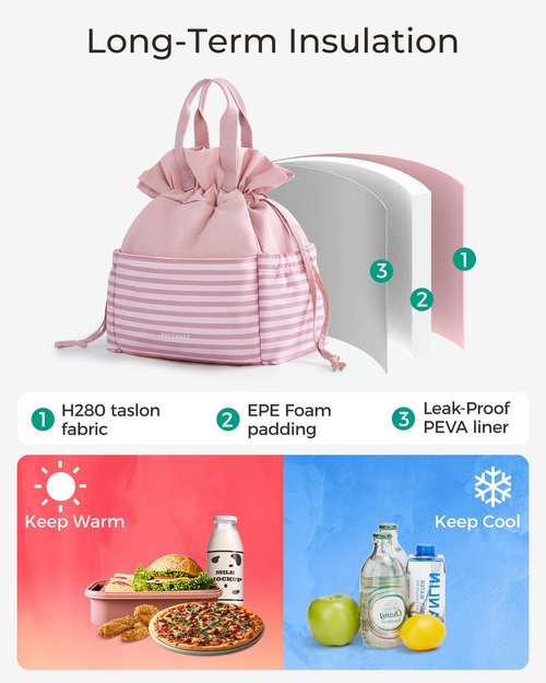 BAGSMART Lunch Bag Women Cute Lunch Box Drawstring Tote Cooler with Multi-Pockets Cinch Closure Insulated Tote for Work, Office, Outdoors