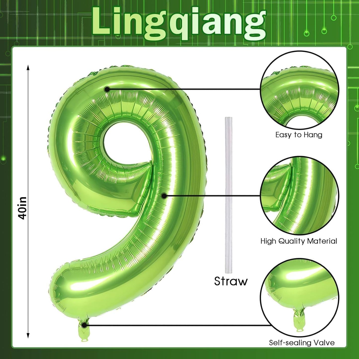 Regine Switzerland 40-Inch Green Foil Number 9 Balloon - Large Helium Decoration for Birthdays & Anniversaries