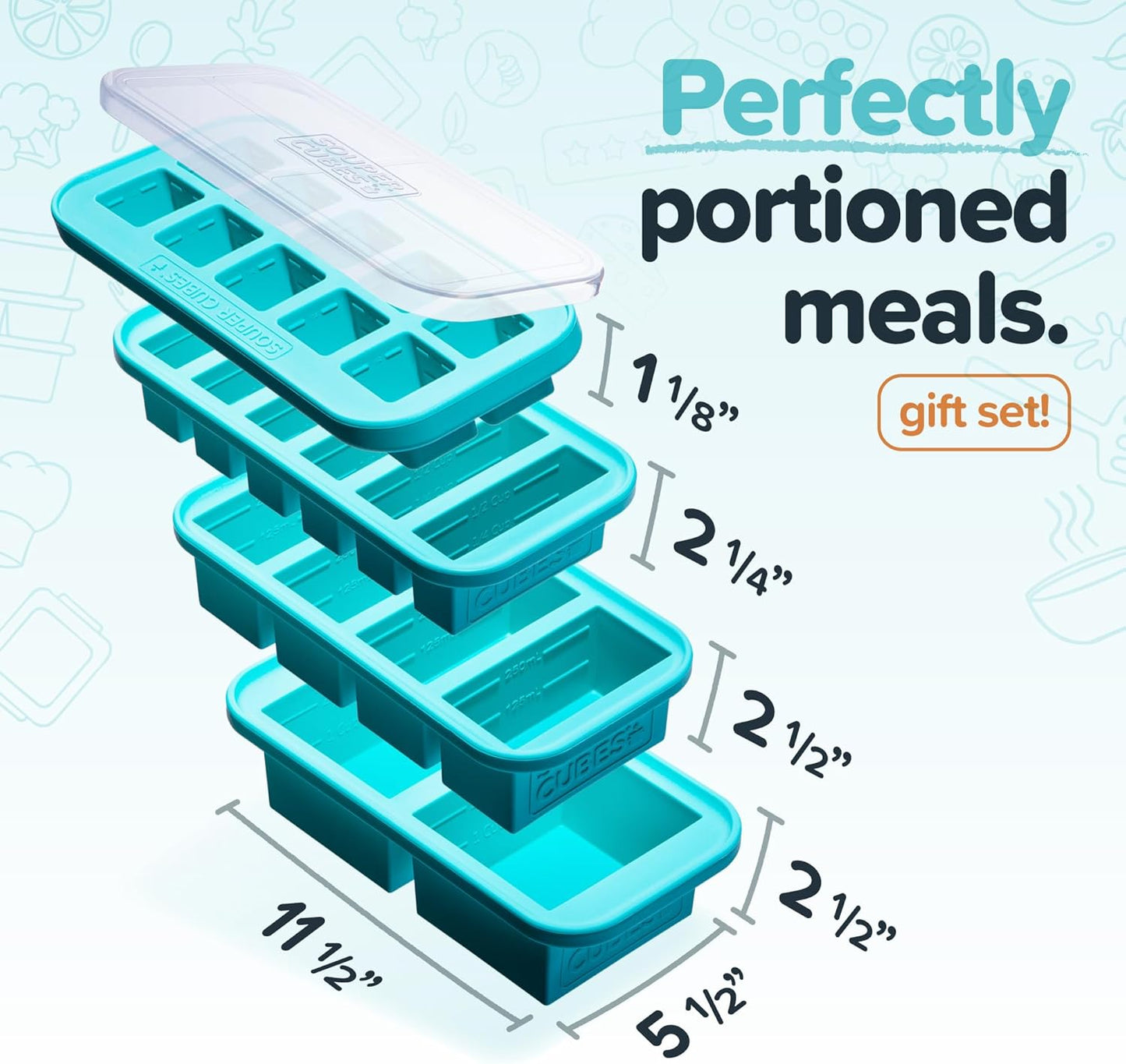 Souper Cubes Silicone Freezer Molds - Meal Prep Gift Set with 2 Tbsp, 1/2, 1 & 2 Cup Trays - Aqua