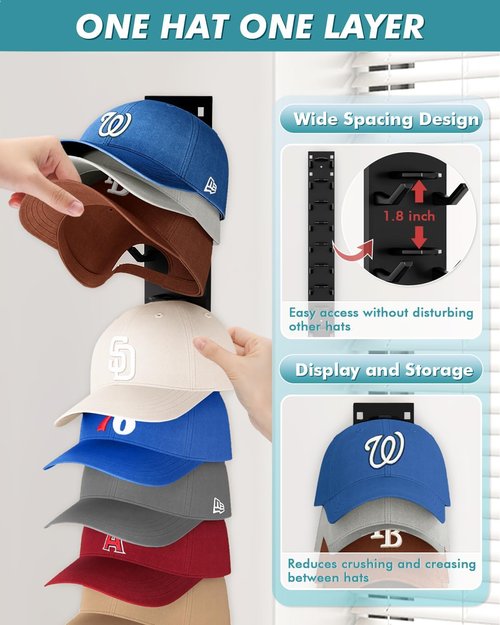 Hat Organizer by [Brand Name] - Strong Adhesive Wall Rack for 18 Baseball Caps | Multi-Layer Hat Hooks - Black