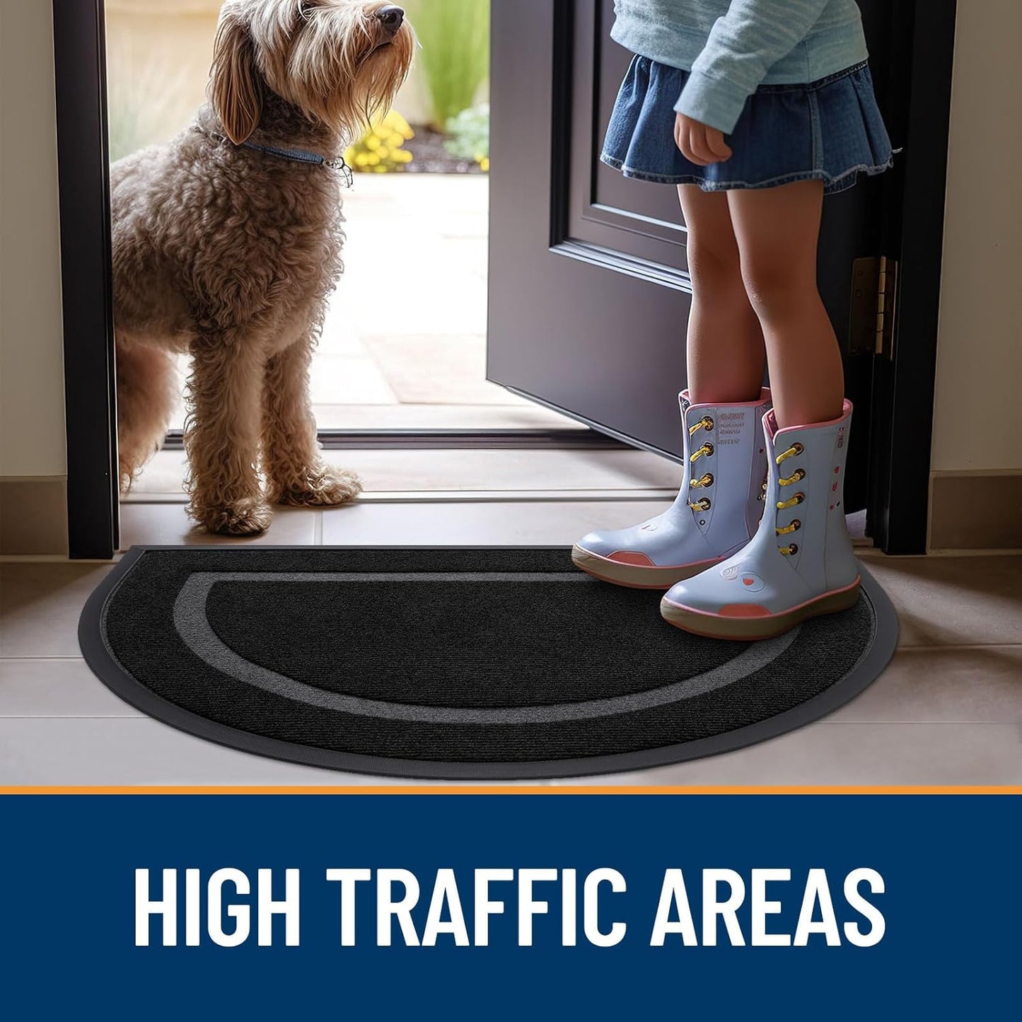 OLANLY Half Circle Door Mat - Waterproof All-Season Doormat for Indoor/Outdoor Use | 47x32, Black