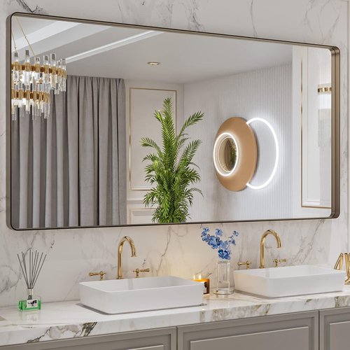 LOAAO Bronze Bathroom Mirror - 72”x36” Rounded Rectangle with Anti-Rust Metal Frame | Versatile Hanging Options