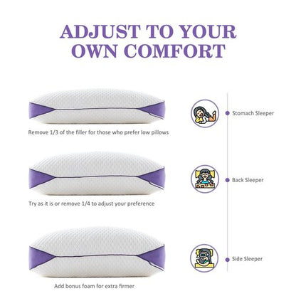 HOMELAB Adjustable Shredded Memory Foam Pillow Queen Size, Cooling Bed Pillow for Sleeping with Removable Cover, Medium Pillow for Side Stomach & Back Sleepers, 1 Pack 20"x28"