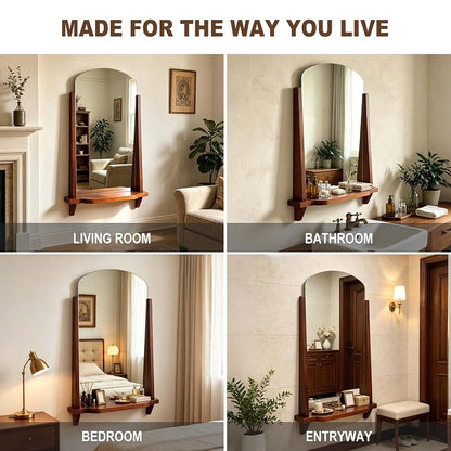 Arched Wall Mirror with Shelf - 24 x 37.4 Inch Walnut Wood Frame, Tempered Glass