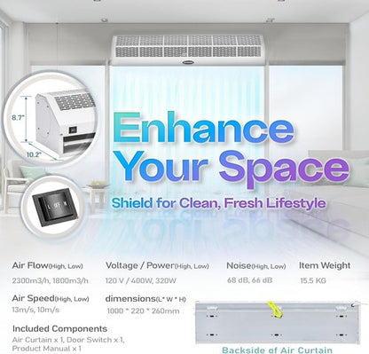 DuraSteel Wall Mounted Air Curtains for Doors Commercial - 40 Inch White Fly Fans - Super Power Over Door Fan with MS Switch - Sliding Under Door Fans to Move Air Curtain Blower Keep Flies Bugs Out