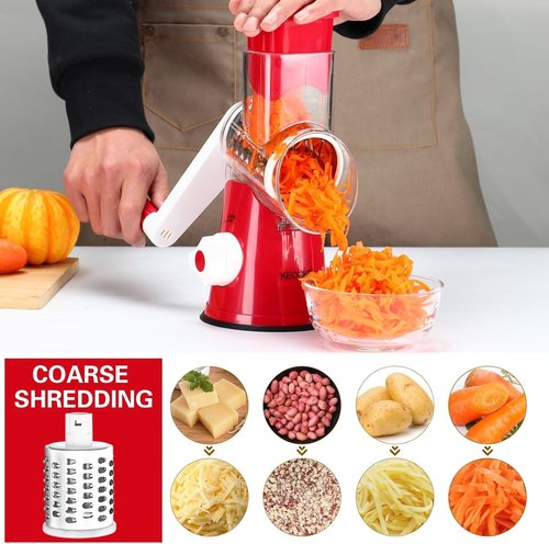 Cambom Rotary Cheese Grater - Hand Crank Shredder for Fresh Cheese & Vegetables | Non-Slip Base, Red