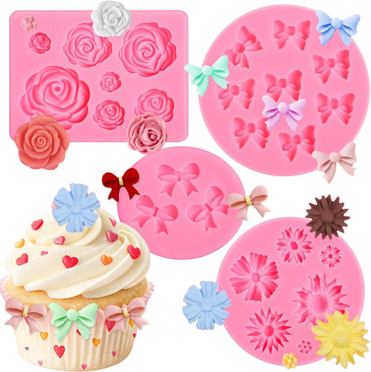 Pimoys Flower & Bow Silicone Molds - 4 Pcs Chocolate and Cake Decoration Set for Birthdays & Easter