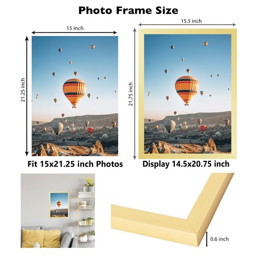 JCJMY 15x21.25 Puzzles Frame Gold, Wall Hanging 15 x 21.25 Picture Frame for 15 by 21.25 Poster Photo Canvas Picture Puzzles with Shatter Resistant Plexiglass, Gold