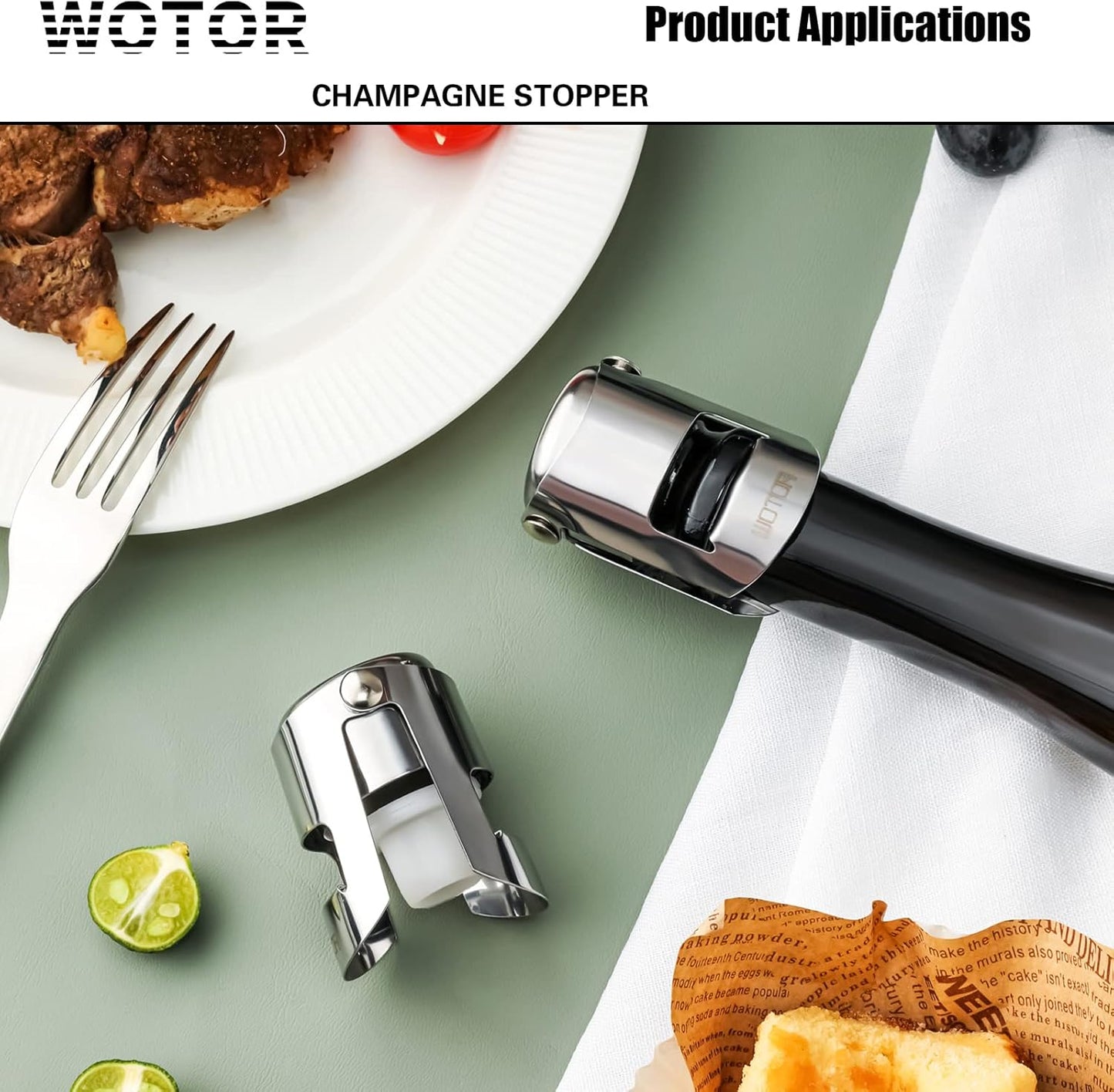 WOTOR Champagne Stoppers with Stainless Steel Champagne Bottle Stopper with Food Grade Silicone Reusable Champagne Cork, Saver Suitable for Champagne, Cava, Prosecco, Sparkling Wine (Silver, 2pack)