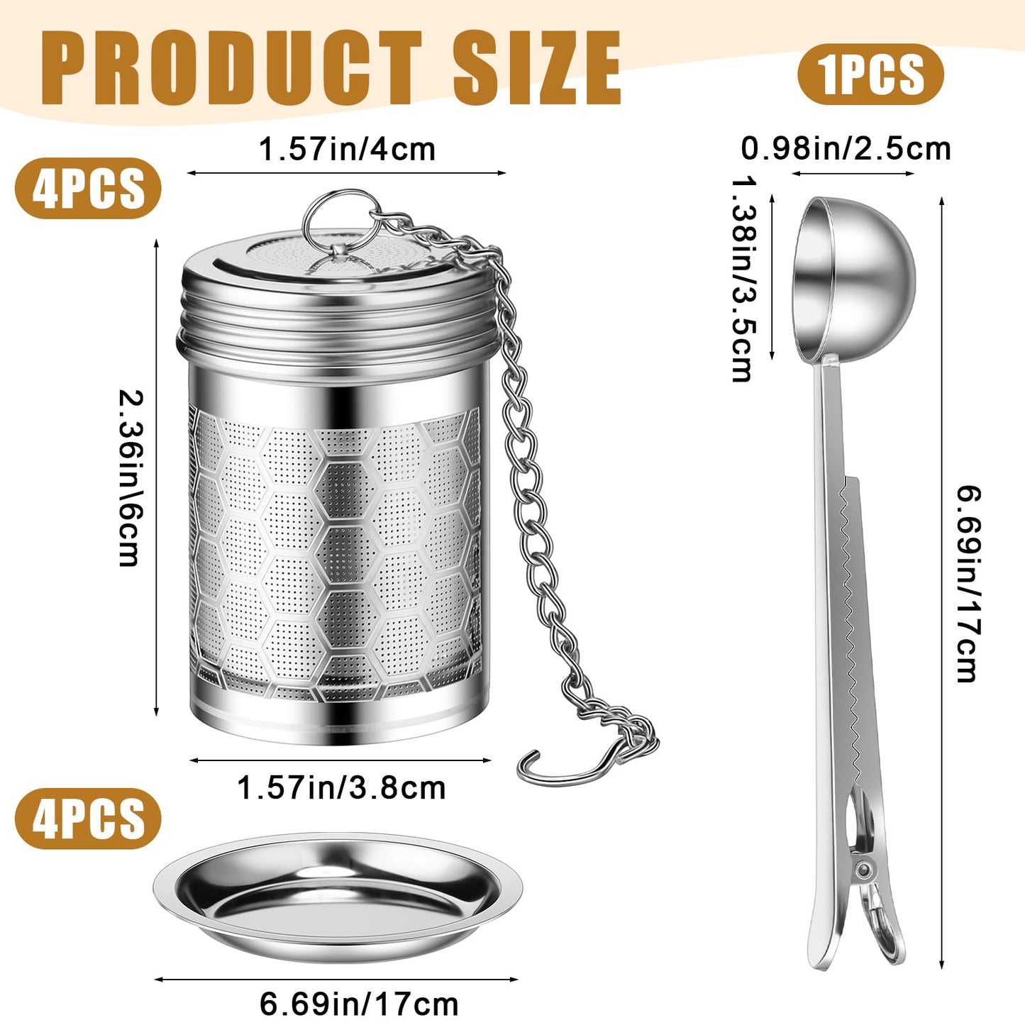 Umigy 4 Pcs Tea Infuser Tea Strainers for Loose Tea with Scoop, Extra Fine Mesh Tea Steeper 304 Stainless Steel Tea Diffuser Tea Leaf Holder with Extended Chain Hook For Brew Tea, Spices, Seasoning