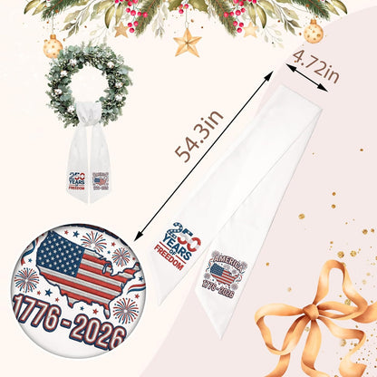 USA 250 Years Freedom Wreath Sash - Patriotic Front Door Decor with American Map Ribbon