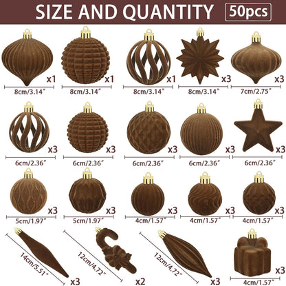 Regine Switzerland 50 Pcs Brown Velvet Christmas Balls - Flocked Hanging Ornaments for Holiday Decor