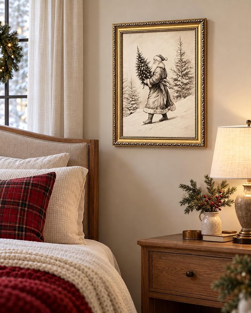 A-Tree Framed 24x16 Santa Wall Art - Vintage Gold Frame Christmas Canvas Print