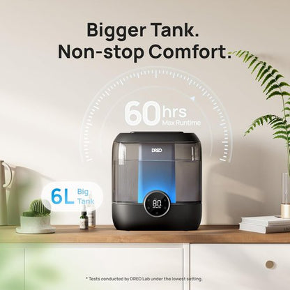 DREO Smart Humidifier - 6L Top Fill Cool Mist for Large Rooms | 60-Hour Runtime, Quiet & Night Light, Black