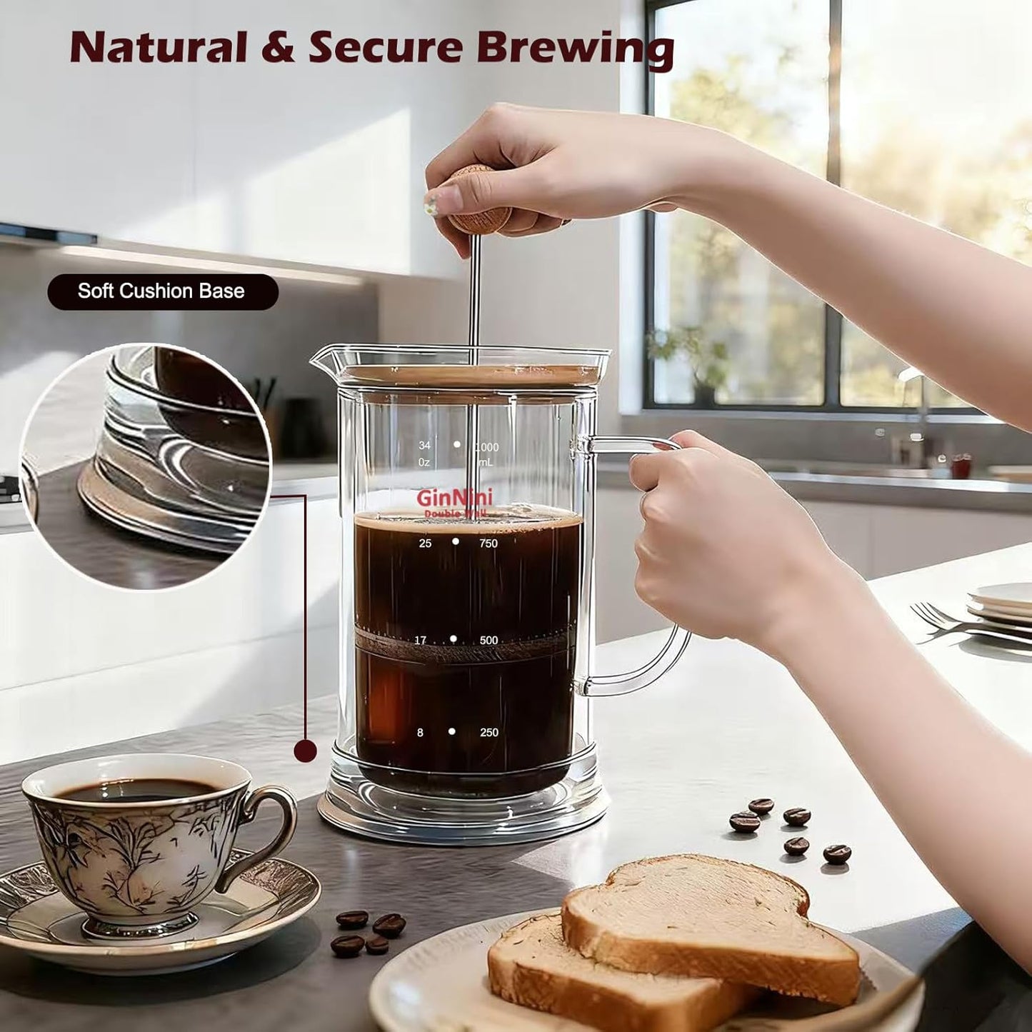 Skiennix French Press Coffee Maker - 34-Ounce Double Wall Glass with Stainless Steel Filter & Bamboo Lid
