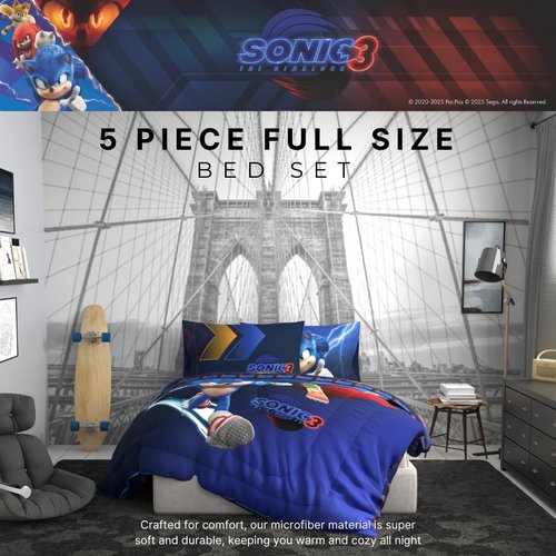 Franco Sonic The Hedgehog 3 Movie Kids Bedding Super Soft Comforter and Sheet Set, 4 Piece Twin Size, (Officially Licensed Product)