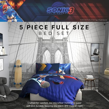 Franco Sonic The Hedgehog 3 Movie Kids Bedding Super Soft Comforter and Sheet Set, 4 Piece Twin Size, (Officially Licensed Product)