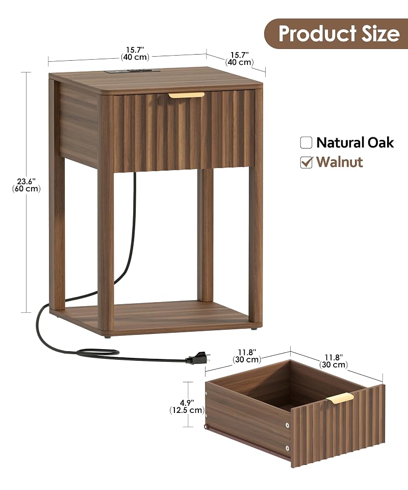 Nightstand Set 2 with Charging Station - Walnut Fluted Bedside Tables