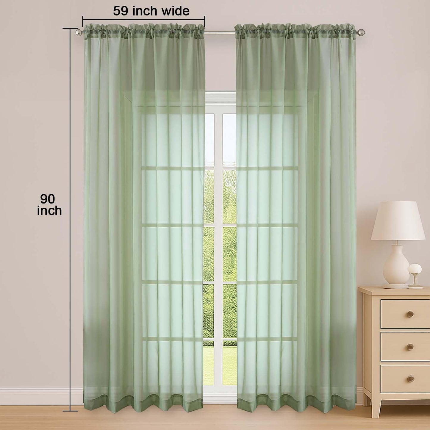 OWENIE Sage Green Sheer Curtain 90 Inches Long 2 Panels Set, Solid Filmy Drapes for Living Room Bedroom, Elegant Window Voile Sheer Curtain Panels Drapes, 2 Pcs, Each 59W x 90L Inch