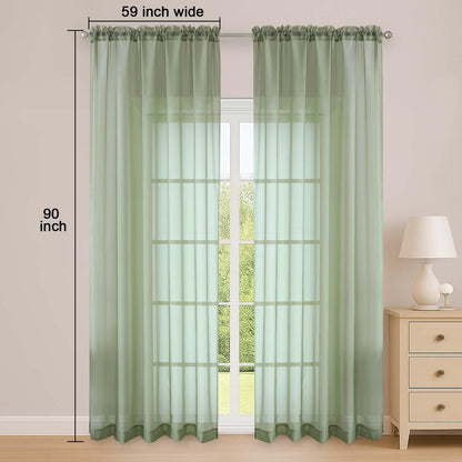 OWENIE Sage Green Sheer Curtain 90 Inches Long 2 Panels Set, Solid Filmy Drapes for Living Room Bedroom, Elegant Window Voile Sheer Curtain Panels Drapes, 2 Pcs, Each 59W x 90L Inch