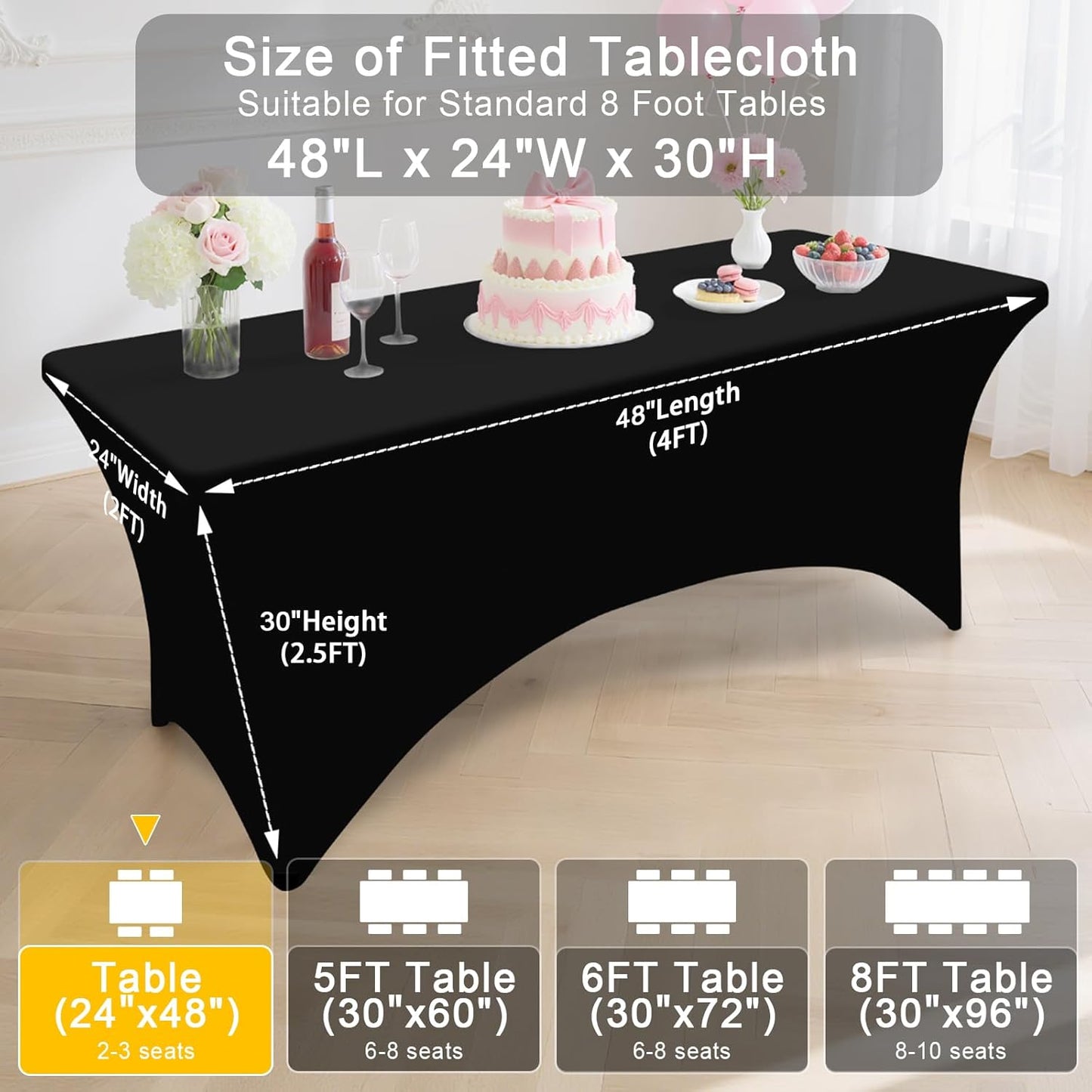 Smiry Spandex Table Cloth - 2 Pack Elastic Fitted Stretch Covers | Washable & Wrinkle-Free, Black 4FT