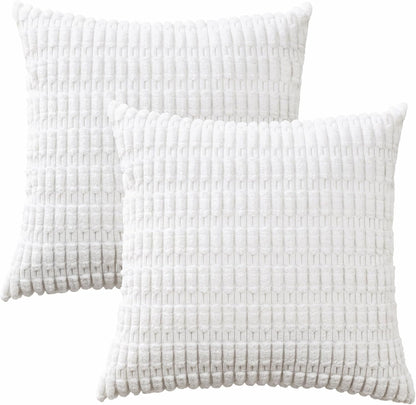 Volcanics Decorative Throw Pillow Covers - Pack of 2 Soft White Corduroy 18x18 Inch Cushions | Modern Farmhouse Decor