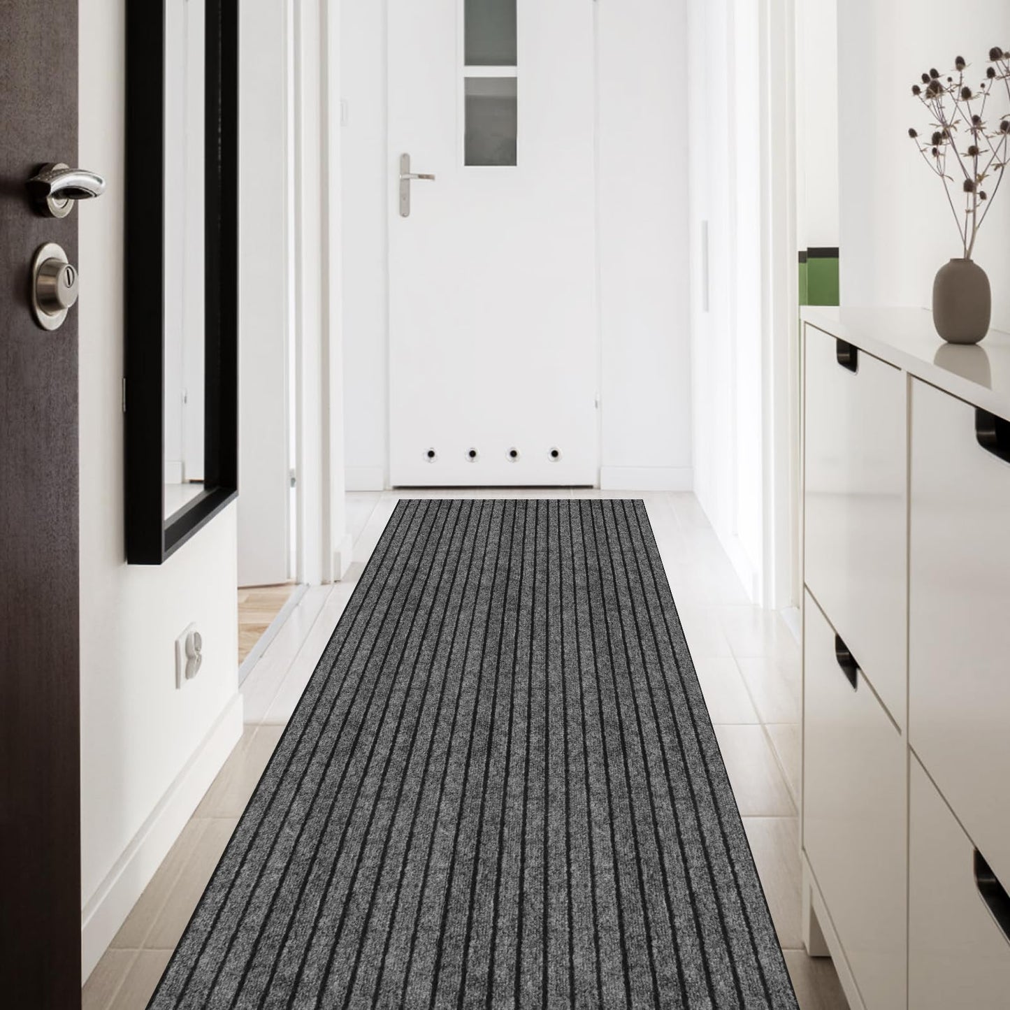 Runner Rug 2' x 6' Outdoor/Indoor, Rug with Natural Rubber Backing Non Slip for Hallway, Kitchen, Patio, Laundry, RV, Entryway, Garage, Bathroom, Area Rug Carpet, Grey Strip, Custom Size