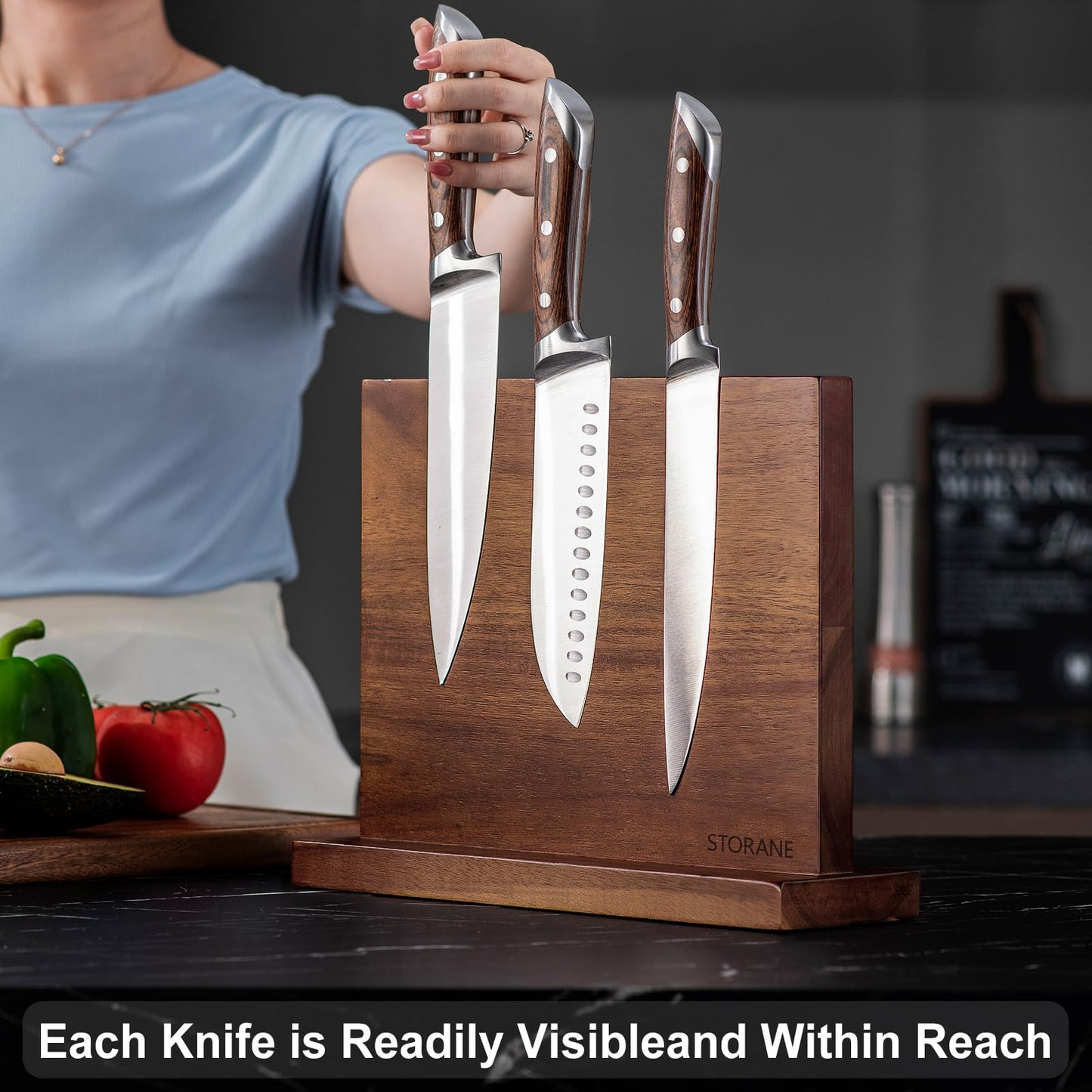 Magnetic Knife Block Acacia Wood -Double Sided Magnetic Knife Holder Rack for Kitchen Counter -Universal Knife Block Without Knives Wooden Multifunctional Storage Fully Assembled (12 x 10 inches)